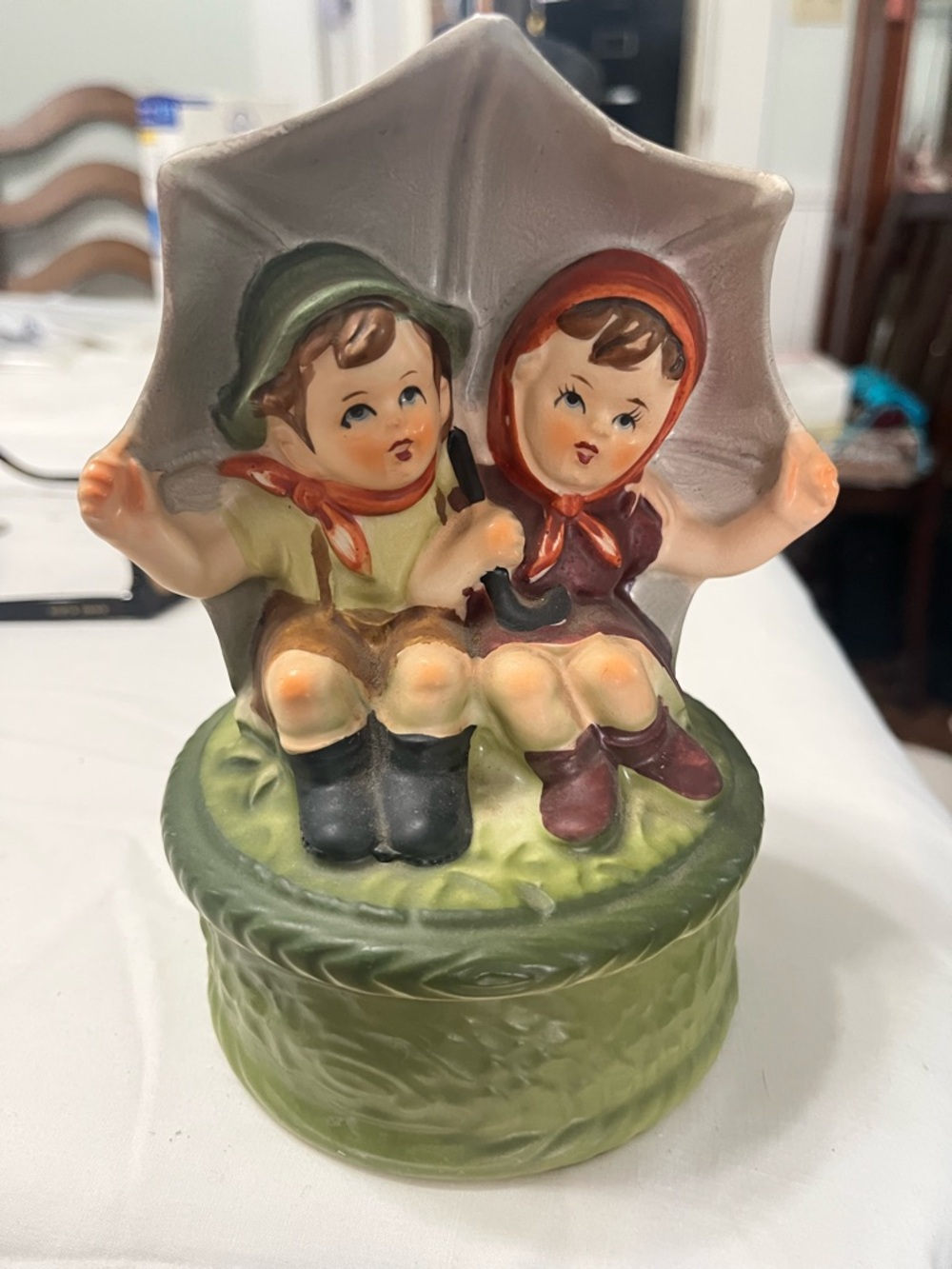Vintage Ceramic Kids Figurine Under Umbrella - Green Base